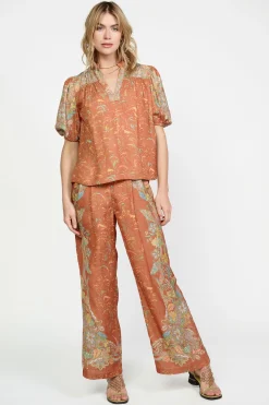 Current Air Short Sleeve Tops-Border Print Retro Floral Blouse BROWNMLT