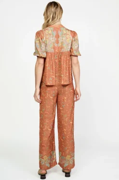 Current Air Short Sleeve Tops-Border Print Retro Floral Blouse BROWNMLT