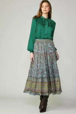 Current Air Skirts-Border Printed Floral Skirt TEALBROWN