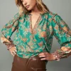 Current Air Long Sleeve Tops-Border Ruffled Floral Blouse GREENMLT