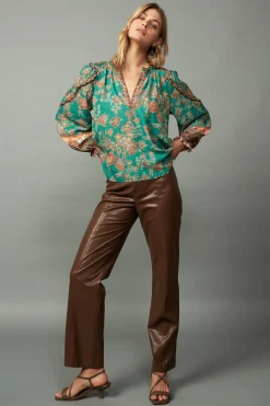 Current Air Long Sleeve Tops-Border Ruffled Floral Blouse GREENMLT