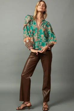 Current Air Long Sleeve Tops-Border Ruffled Floral Blouse GREENMLT