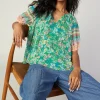 Current Air Short Sleeve Tops-Bordered Floral Print Top GREENMULTI