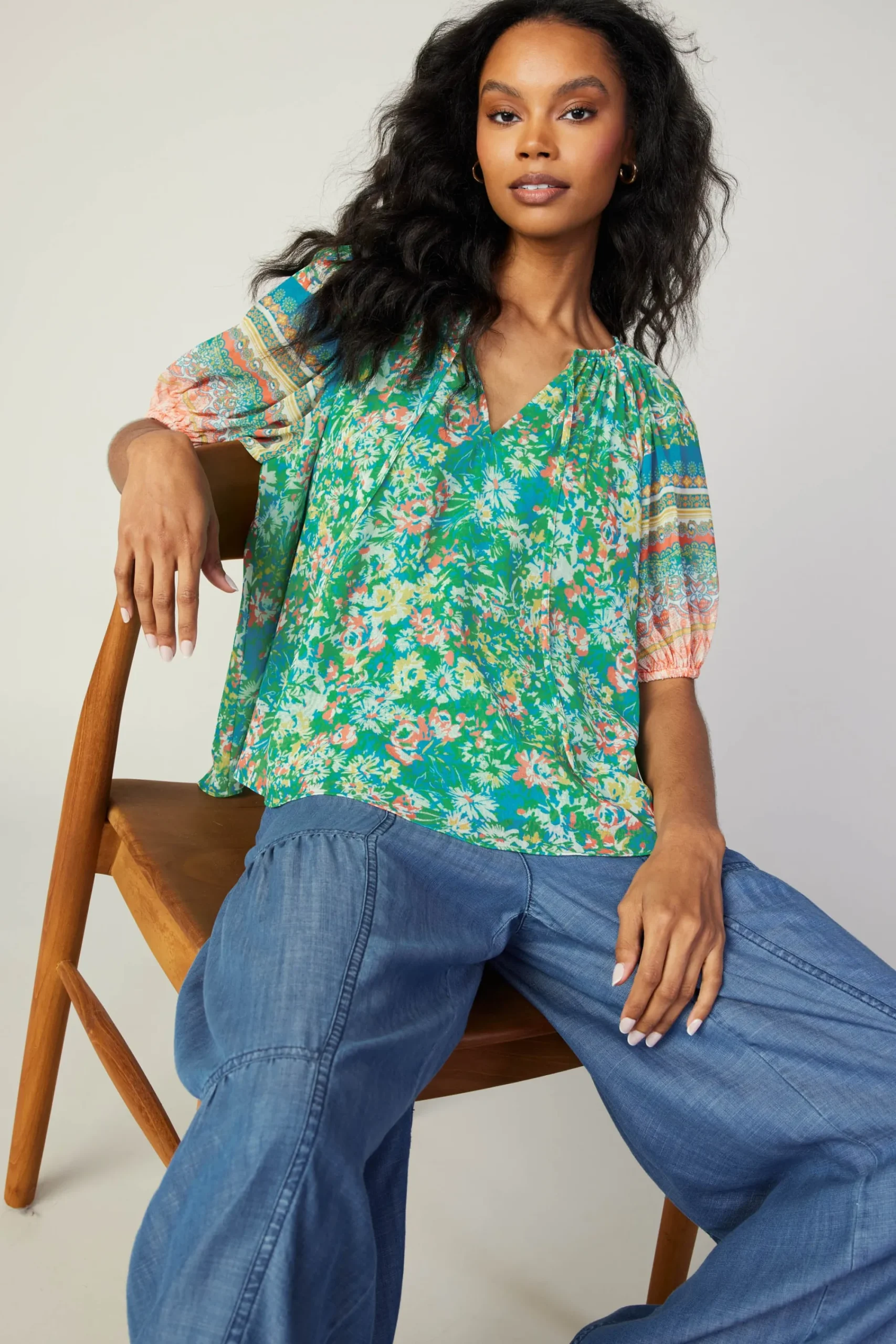 Current Air Short Sleeve Tops-Bordered Floral Print Top GREENMULTI