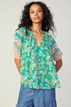 Current Air Short Sleeve Tops-Bordered Floral Print Top GREENMULTI