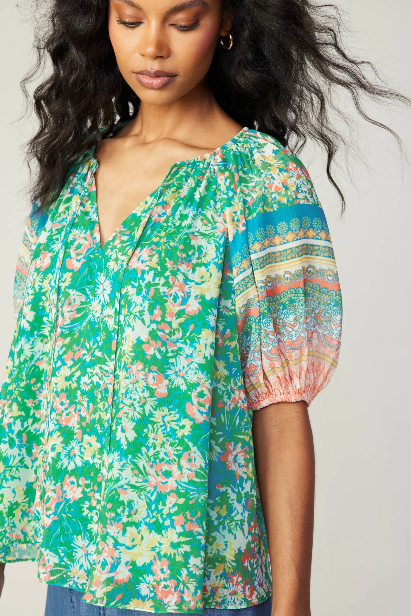 Current Air Short Sleeve Tops-Bordered Floral Print Top GREENMULTI