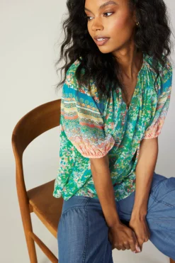 Current Air Short Sleeve Tops-Bordered Floral Print Top GREENMULTI