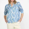 Current Air Short Sleeve Tops-Botanical Jacquard Blouse DENIMBLUE