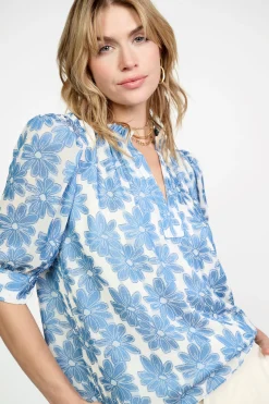 Current Air Short Sleeve Tops-Botanical Jacquard Blouse DENIMBLUE