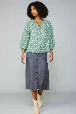 Current Air Long Sleeve Tops-Botanical Jacquard Raglan Blouse GREEN