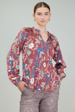 Current Air Long Sleeve Tops-Botanical Pleated Blouse CHESTNUTMLT