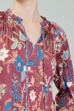 Current Air Long Sleeve Tops-Botanical Pleated Blouse CHESTNUTMLT
