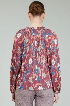 Current Air Long Sleeve Tops-Botanical Pleated Blouse CHESTNUTMLT