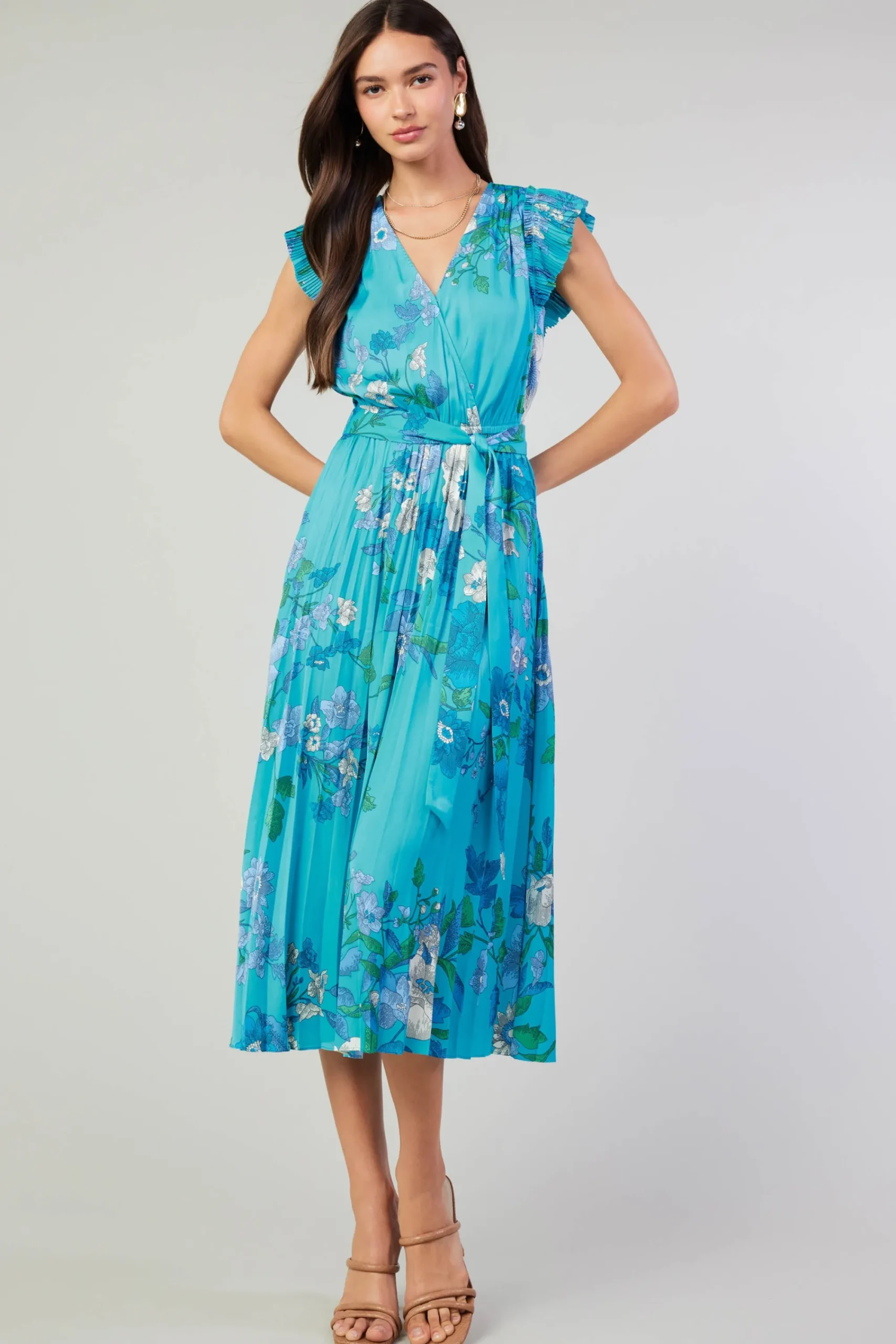 Current Air Short Sleeve Tops | Midi Dresses-Botanical Pleated Midi Dress BLUE