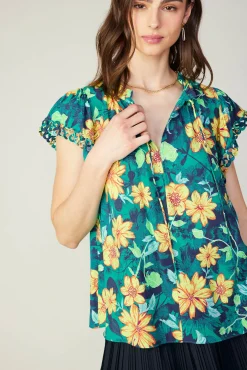 Current Air Sleeveless Tops-Botanical Print Eyelet Blouse YELLOWFLORALMLT