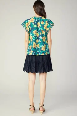 Current Air Sleeveless Tops-Botanical Print Eyelet Blouse YELLOWFLORALMLT