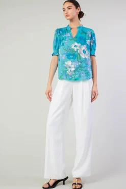 Current Air Short Sleeve Tops-Botanical Smocked Shoulder Blouse BLUE