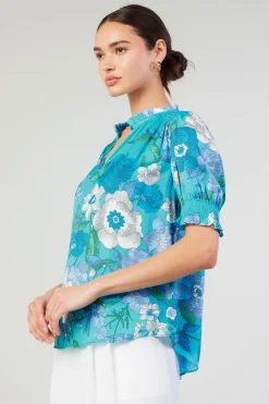 Current Air Short Sleeve Tops-Botanical Smocked Shoulder Blouse BLUE