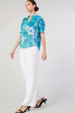 Current Air Short Sleeve Tops-Botanical Smocked Shoulder Blouse BLUE