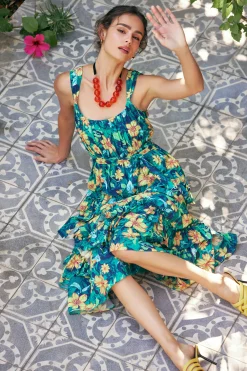 Current Air Midi Dresses-Botanical Tiered Ruffle Dress YELLOWFLORALMLT