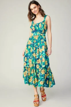 Current Air Midi Dresses-Botanical Tiered Ruffle Dress YELLOWFLORALMLT