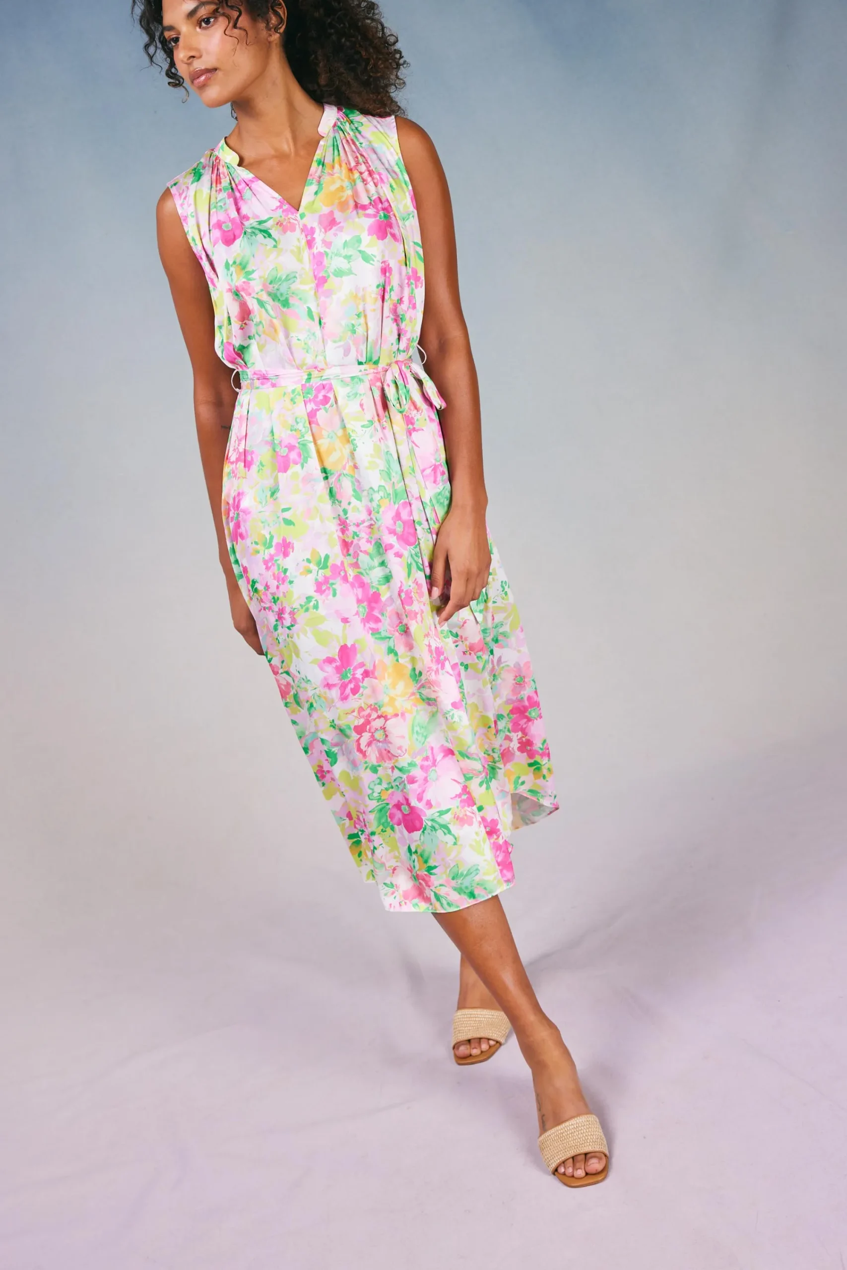 Current Air Midi Dresses-Botanical Watercolor Midi Dress PINKMLTFLORAL