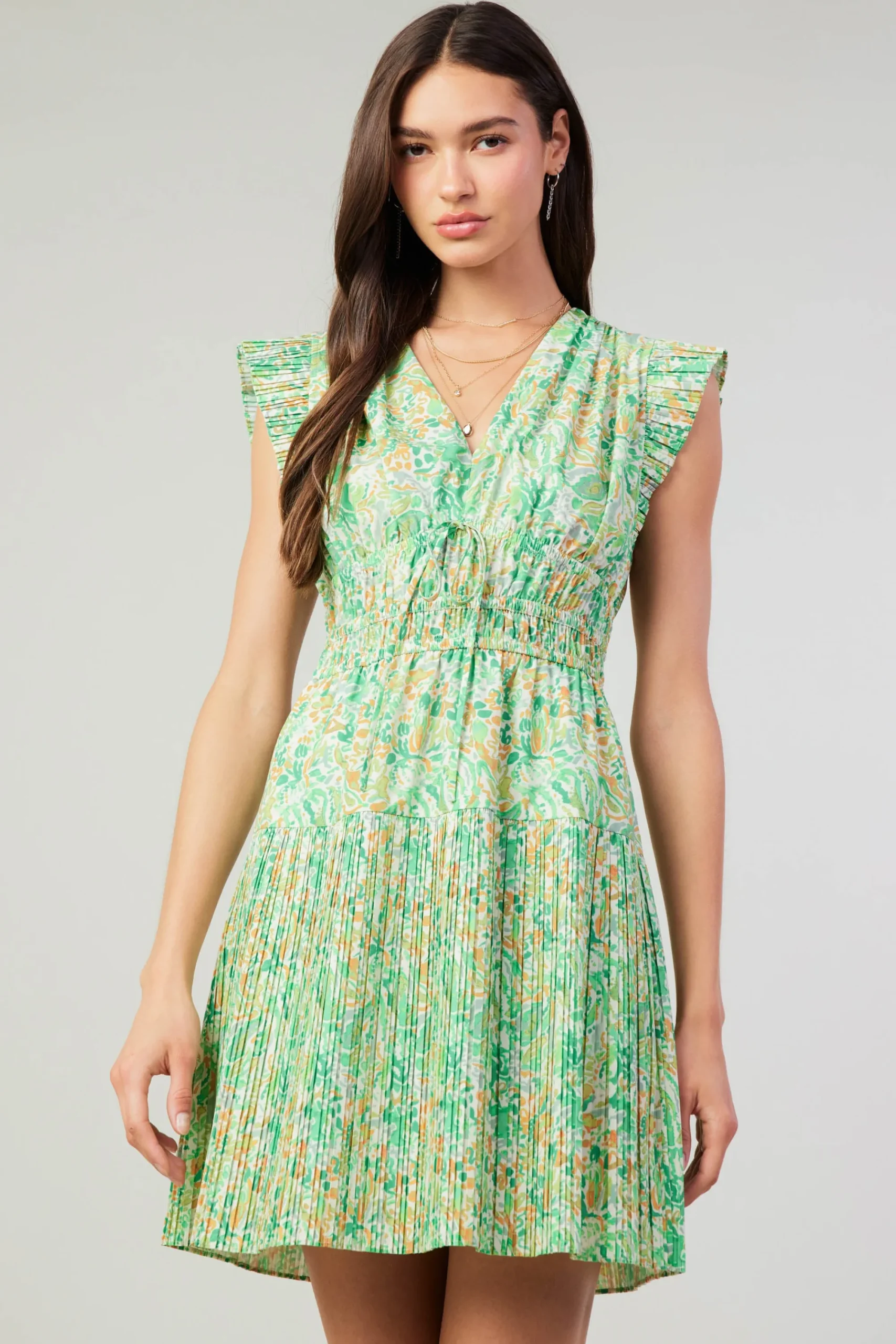 Current Air Mini Dresses-Briene Pleated Mini Dress GREENMLT