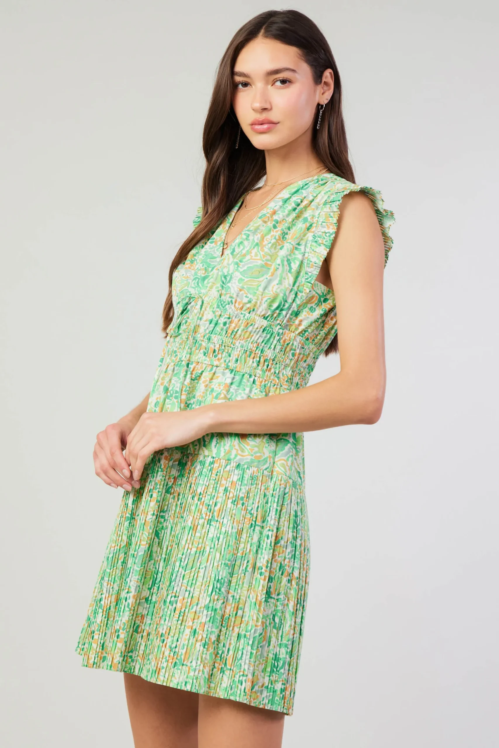 Current Air Mini Dresses-Briene Pleated Mini Dress GREENMLT