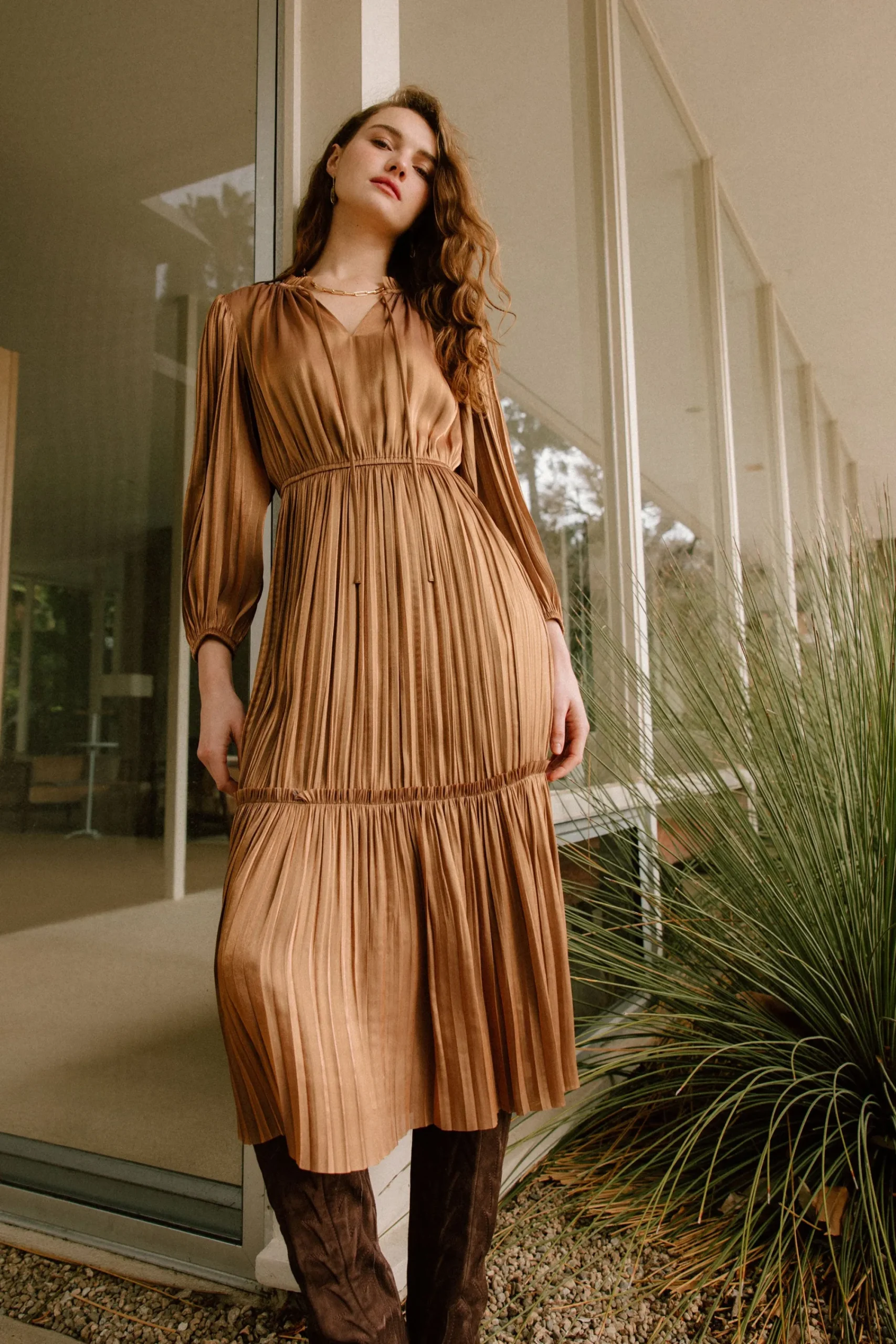 Current Air Midi Dresses-Bristol Pleated Midi Dress BRONZE