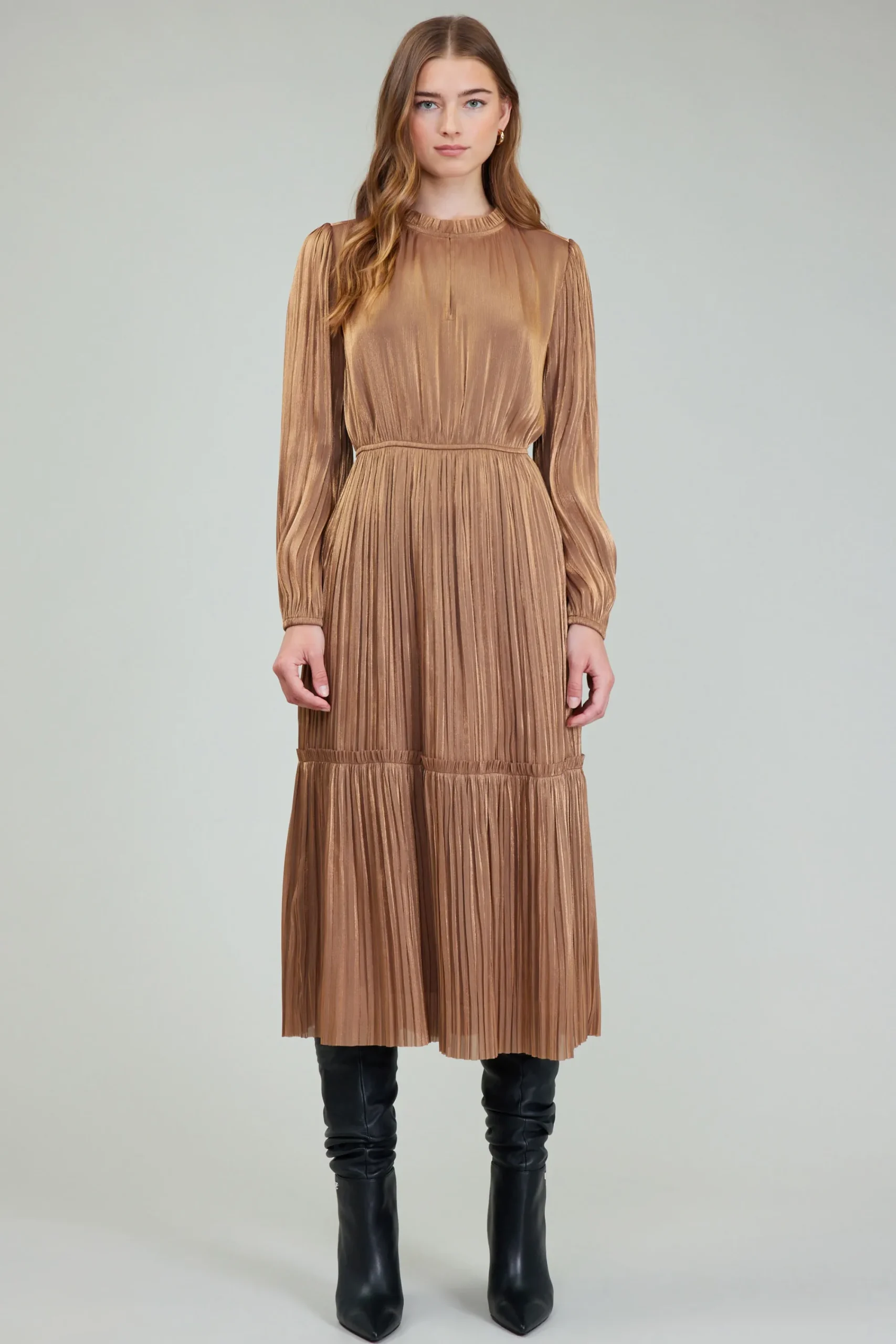 Current Air Midi Dresses-Bristol Pleated Midi Dress BRONZE