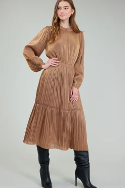 Current Air Midi Dresses-Bristol Pleated Midi Dress BRONZE