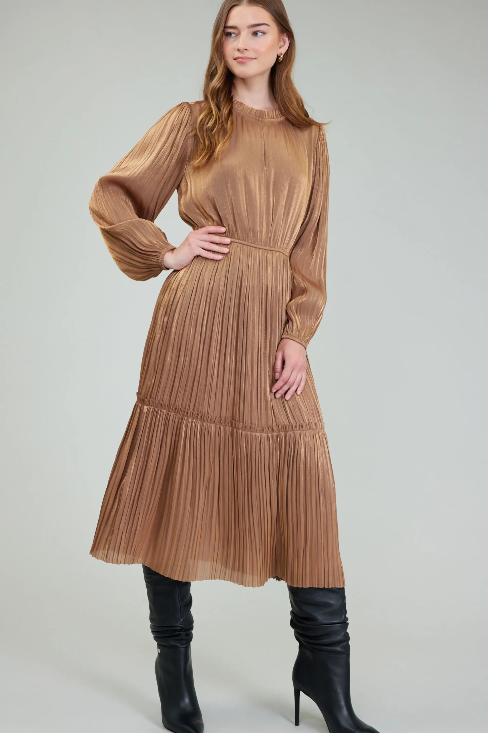 Current Air Midi Dresses-Bristol Pleated Midi Dress BRONZE