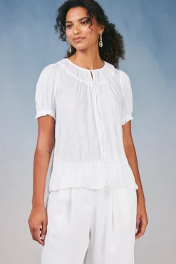 Current Air Short Sleeve Tops-Brooklyn Crinkle Top WHITE