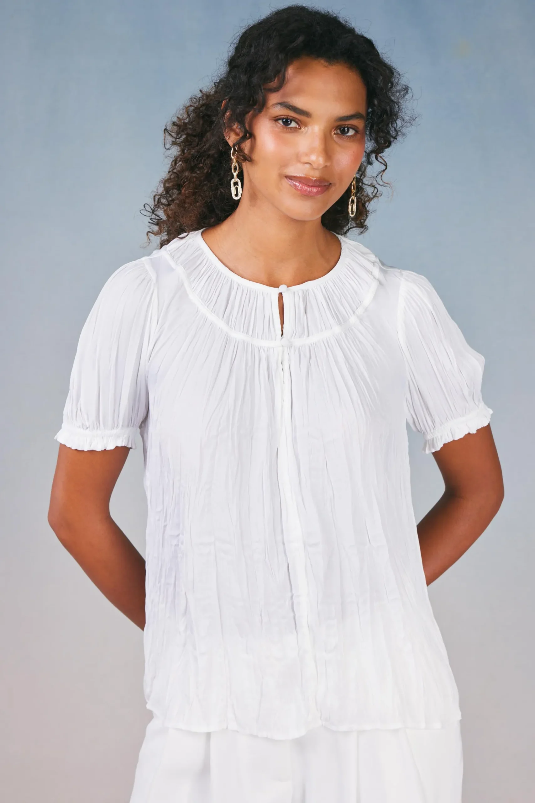 Current Air Short Sleeve Tops-Brooklyn Crinkle Top WHITE