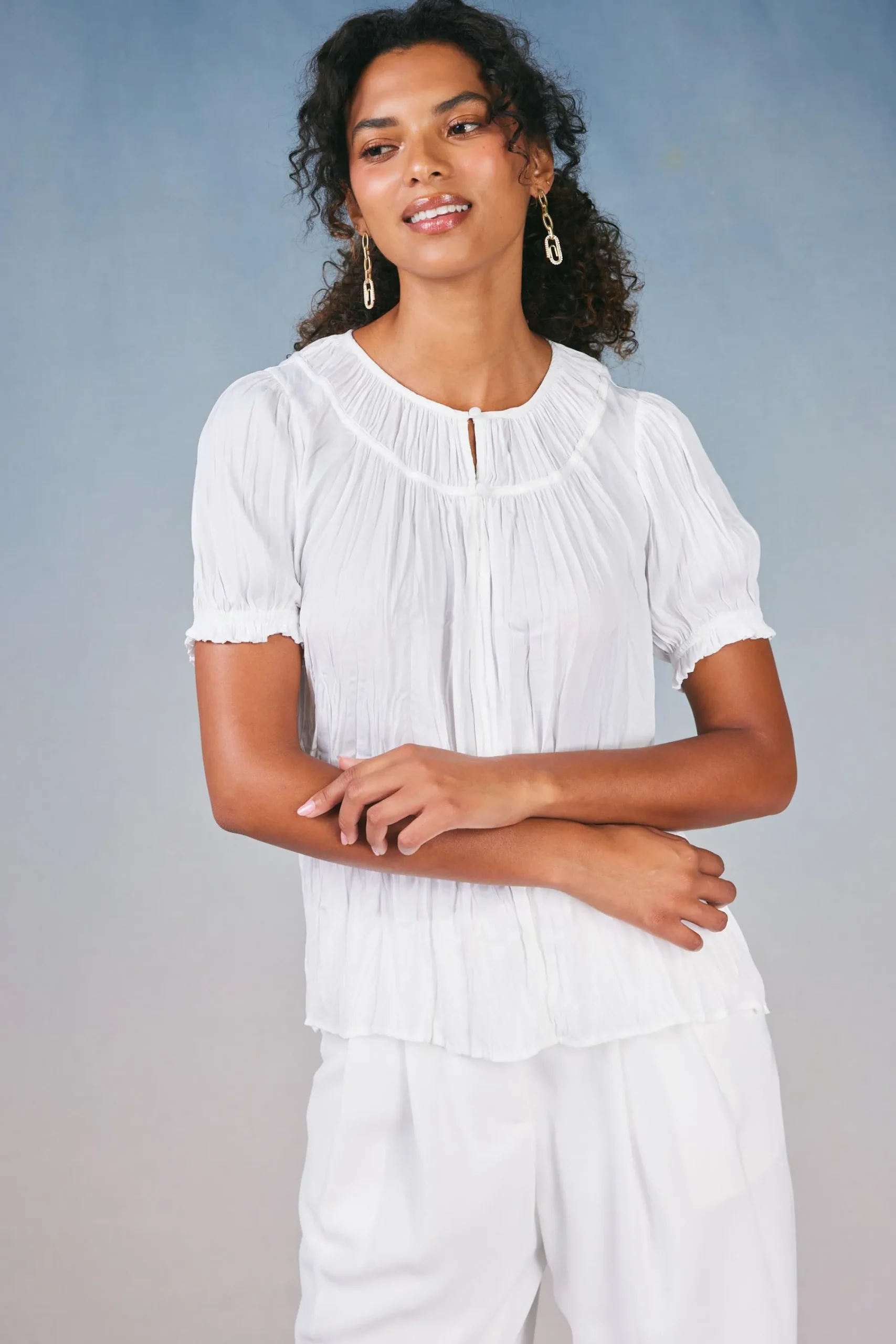 Current Air Short Sleeve Tops-Brooklyn Crinkle Top WHITE