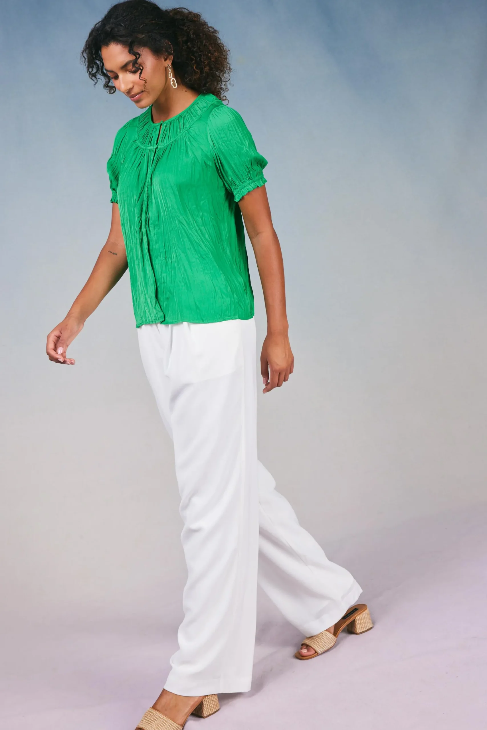 Current Air Short Sleeve Tops-Brooklyn Crinkle Top DEEPSPRINGGREEN