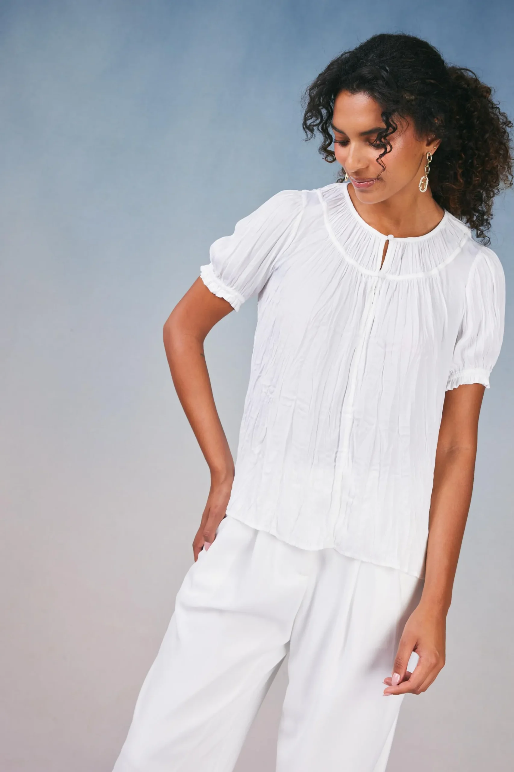 Current Air Short Sleeve Tops-Brooklyn Crinkle Top WHITE