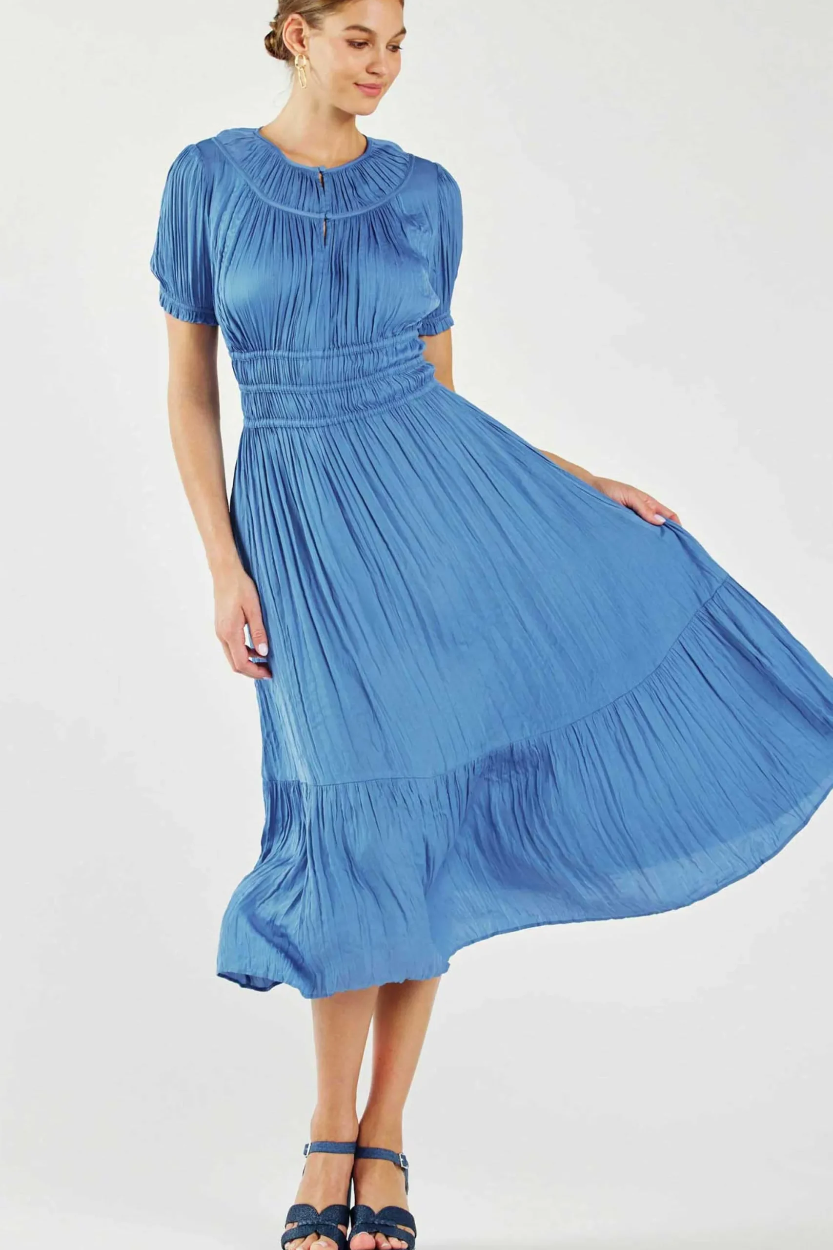 Current Air Midi Dresses-Brooklyn Pleated Midi Dress FADEDBLUE