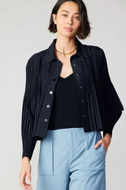 Current Air Long Sleeve Tops-Button Down Pleated Top BLACK