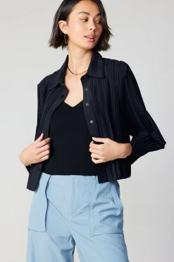 Current Air Long Sleeve Tops-Button Down Pleated Top BLACK