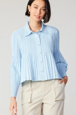 Current Air Long Sleeve Tops-Button Down Pleated Top PASTELBLUE