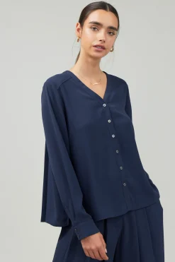 Current Air Long Sleeve Tops-Buttondown Blouse SLATENAVY