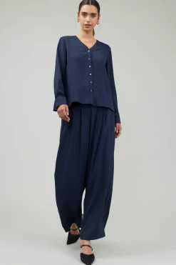 Current Air Long Sleeve Tops-Buttondown Blouse SLATENAVY
