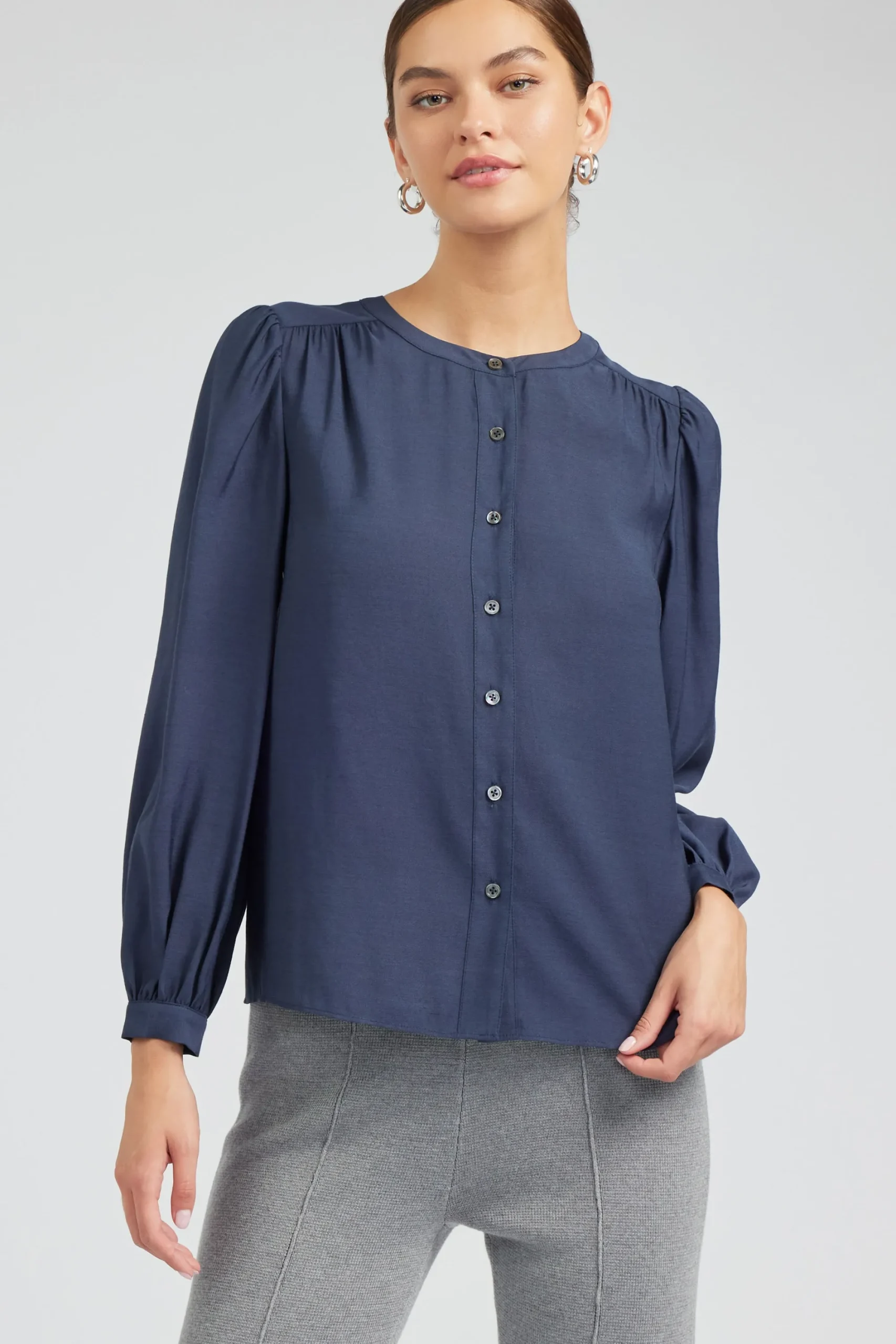 Current Air Long Sleeve Tops-Buttoned Blouse SLATENAVY