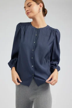 Current Air Long Sleeve Tops-Buttoned Blouse SLATENAVY