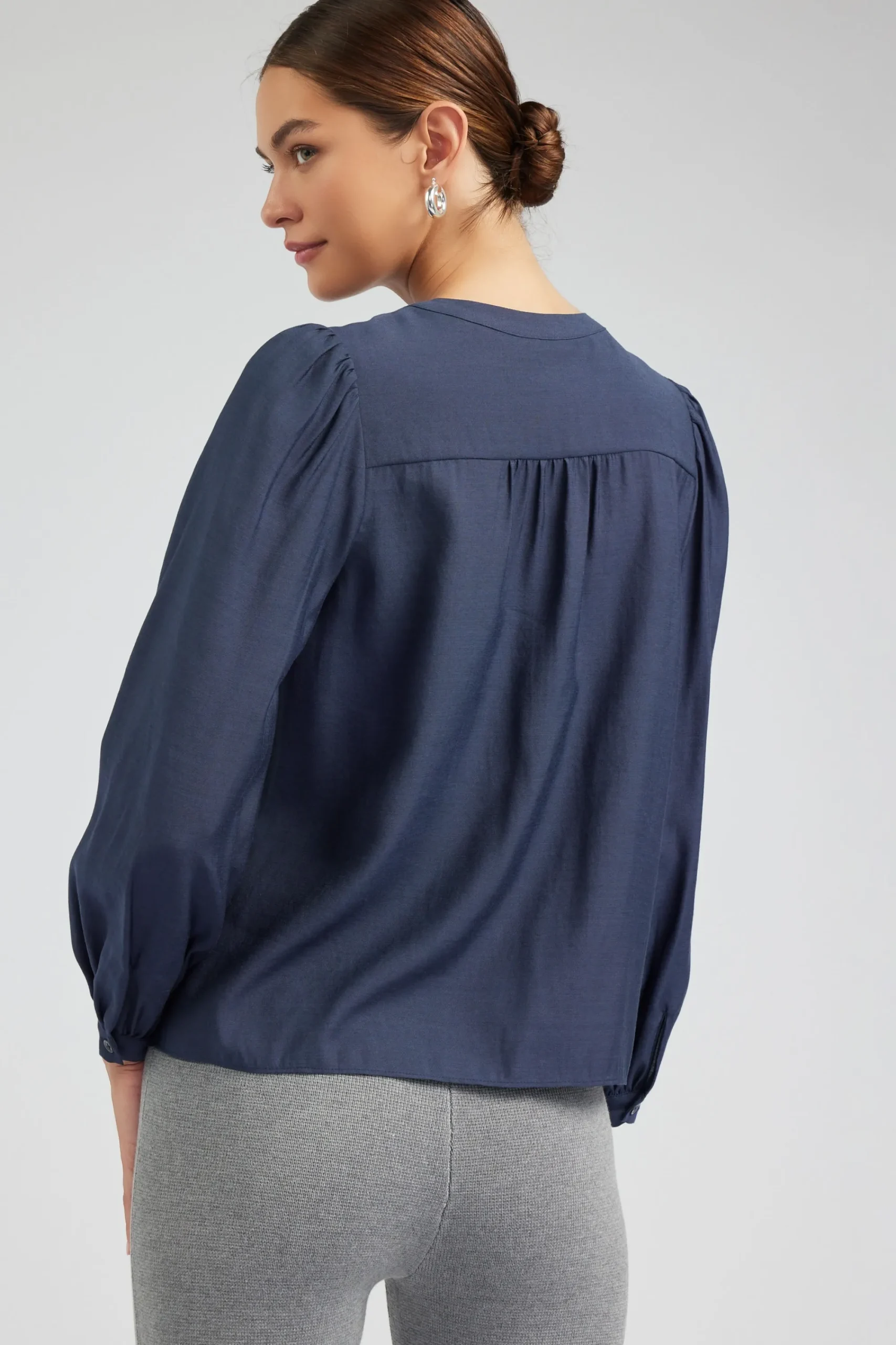 Current Air Long Sleeve Tops-Buttoned Blouse SLATENAVY
