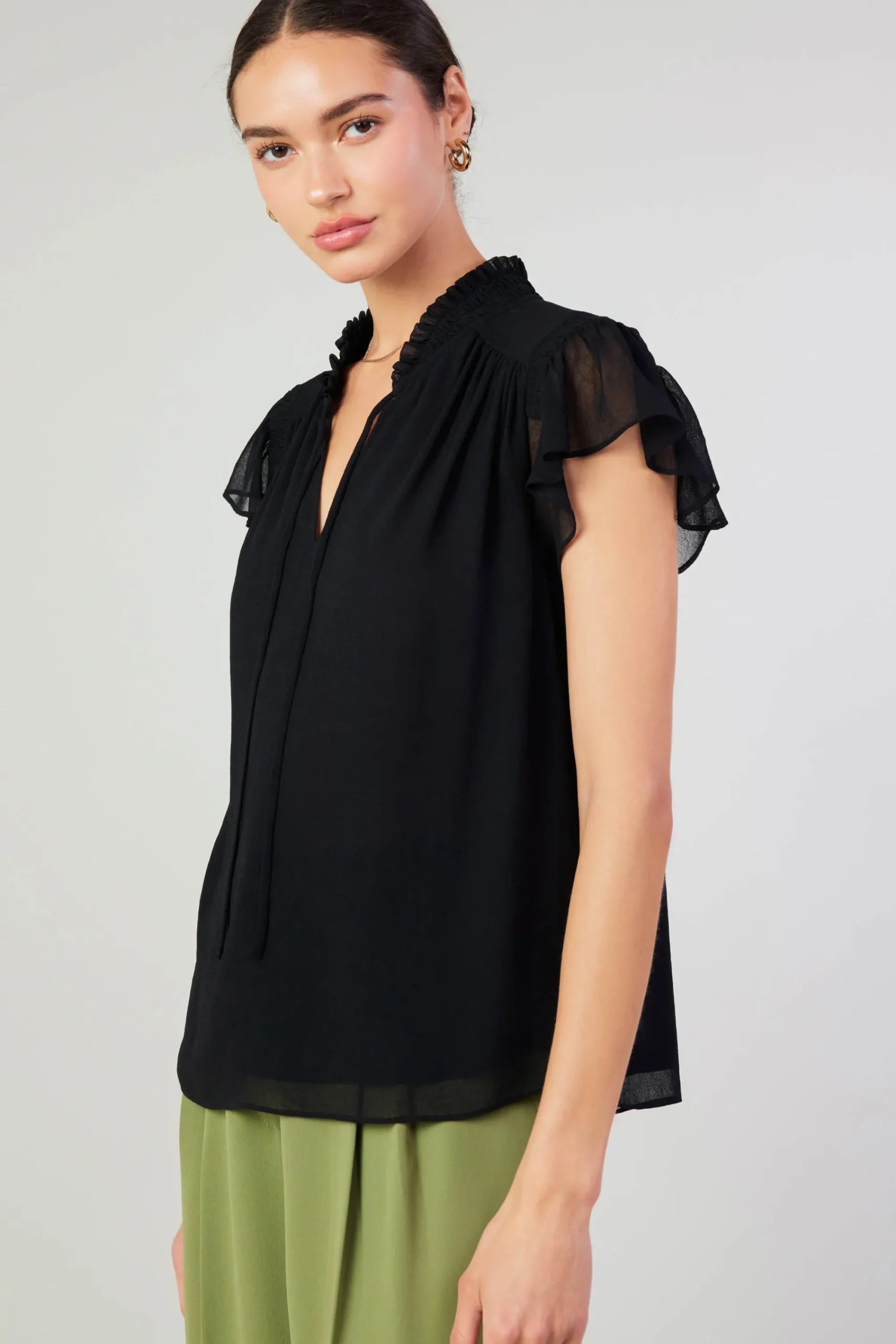 Current Air Short Sleeve Tops-Cap Sleeve Blouse BLACK