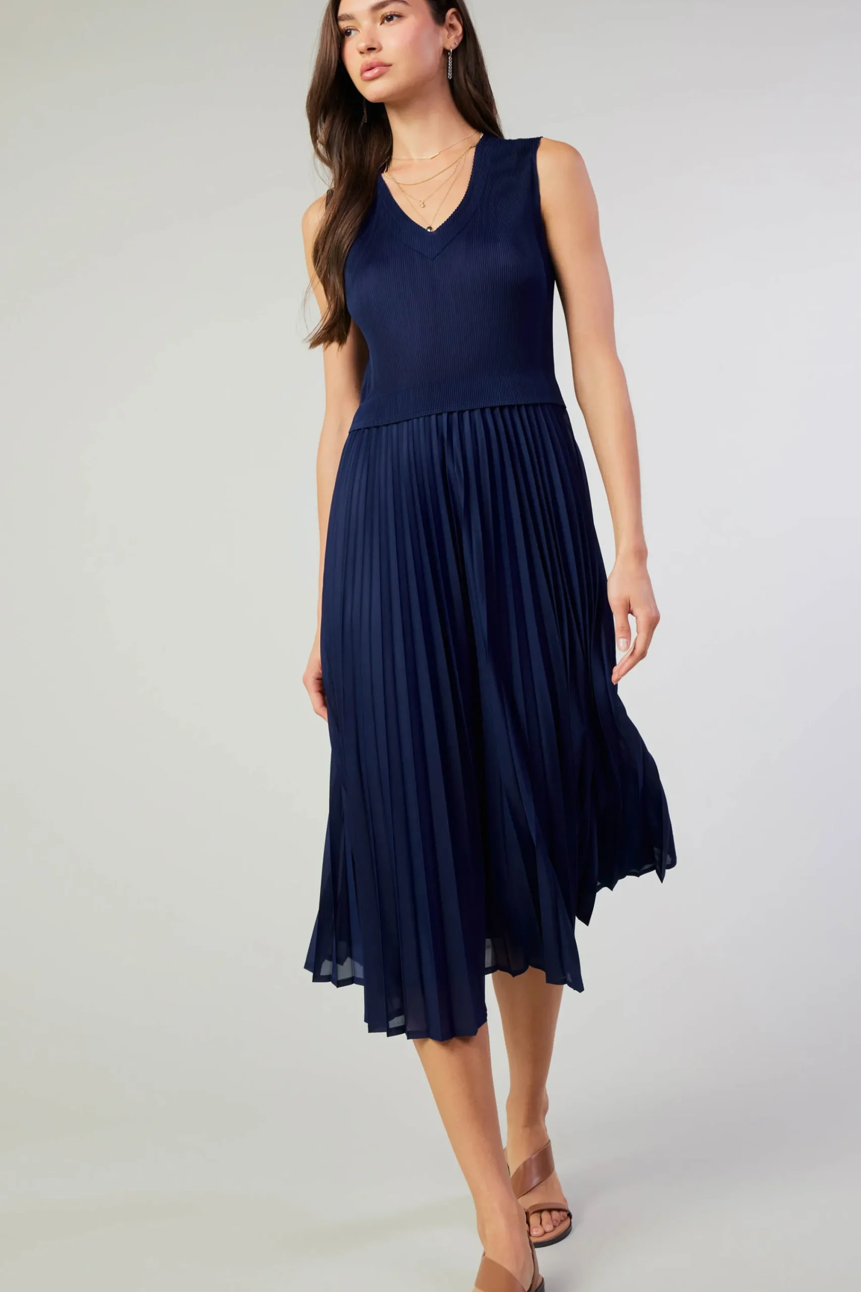 Current Air Midi Dresses-Cari Ribbed Contrast Pleated Dress NAVY