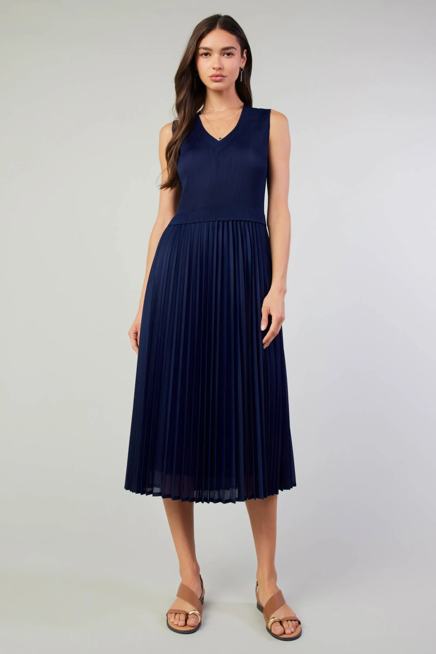 Current Air Midi Dresses-Cari Ribbed Contrast Pleated Dress NAVY