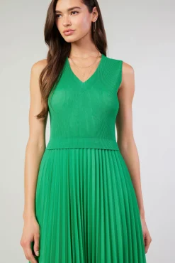 Current Air Midi Dresses-Cari Ribbed Contrast Pleated Dress SPRINGGREEN
